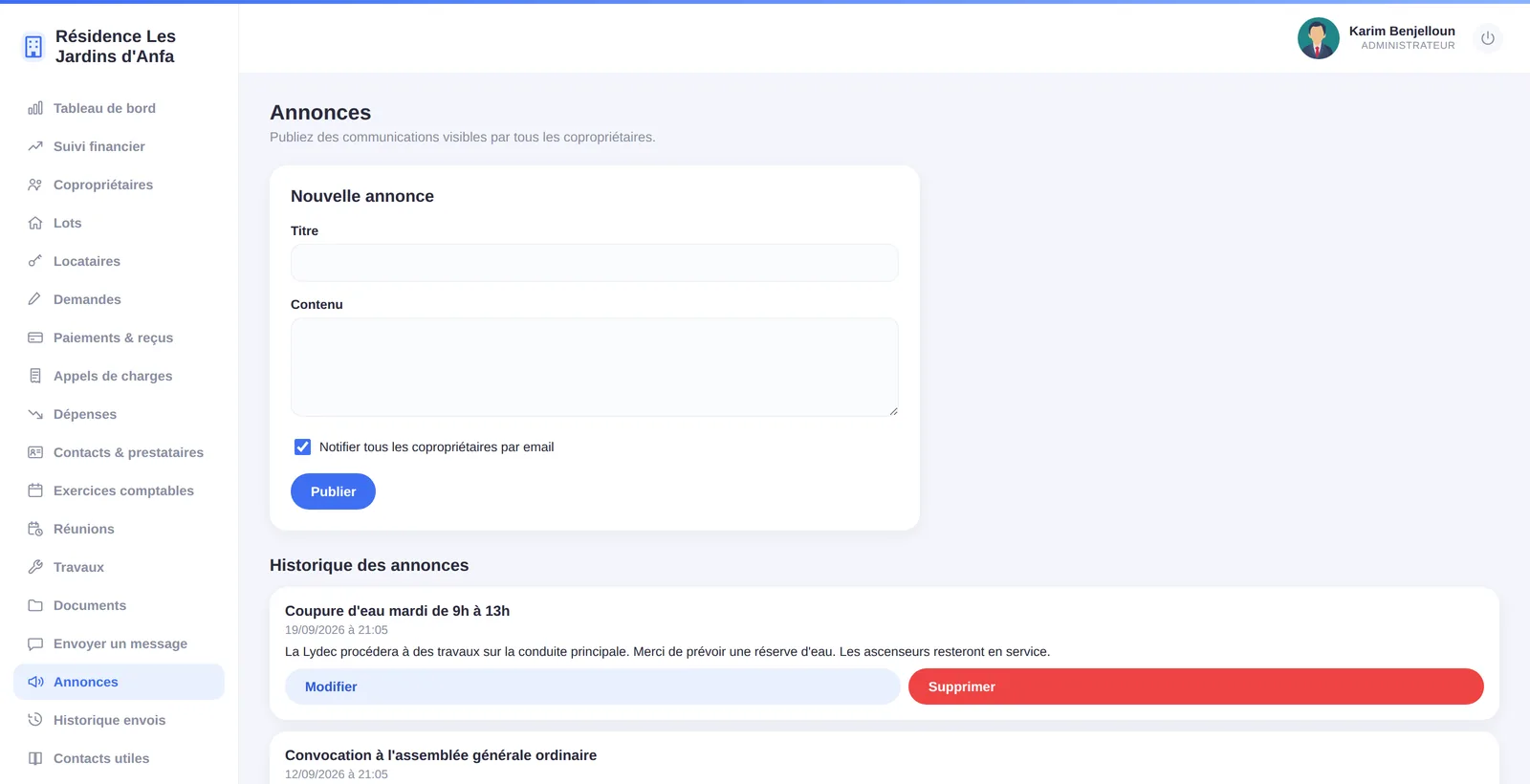 Annonces publiées aux copropriétaires