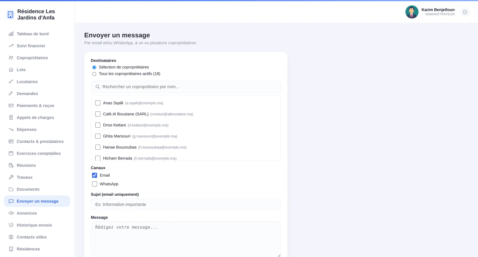 Envoi d'un message par e-mail et WhatsApp